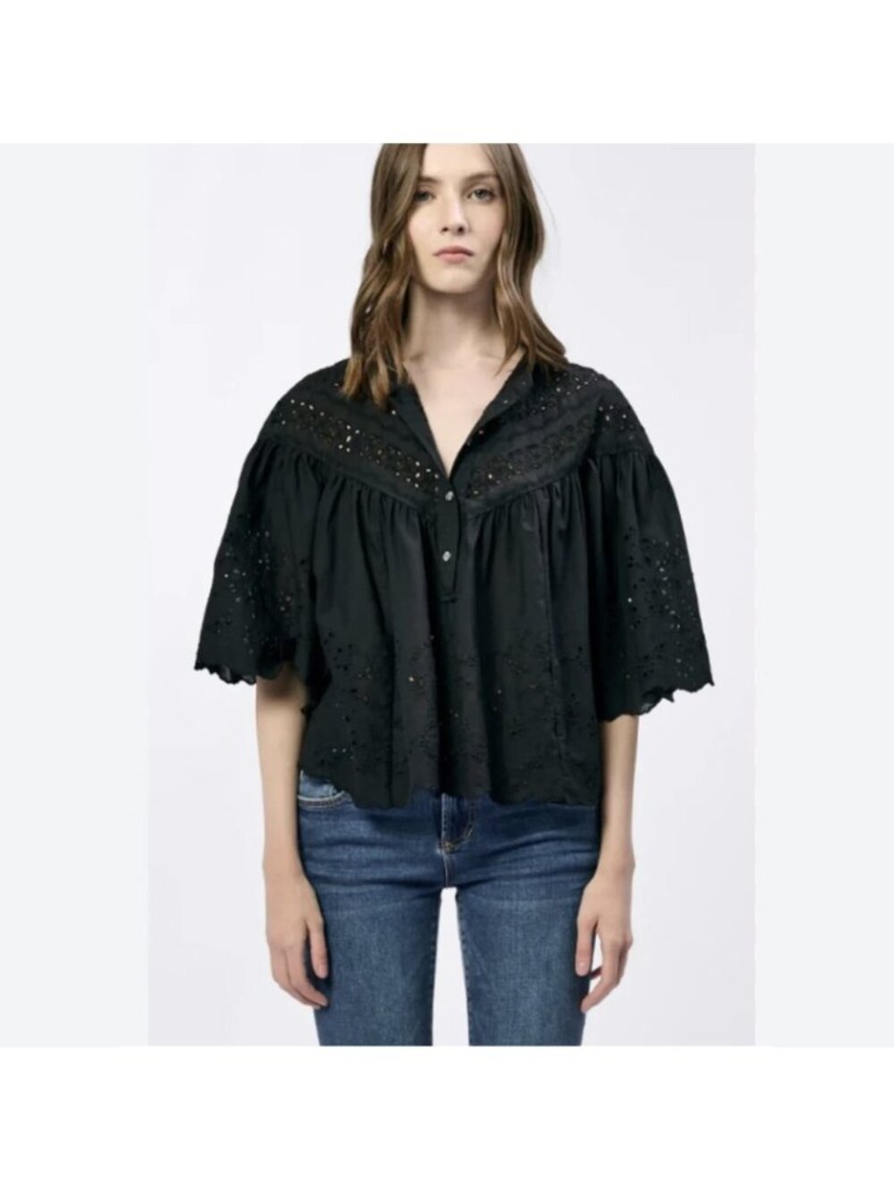 Madewell Eyelet Embroidered Henley Top True Black Cropped Short Sleeve S NWT